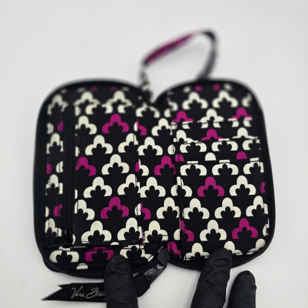 Vera Bradley Wristlet Wallet ID Window Zip Around Black Pink Gray Floral Pattern